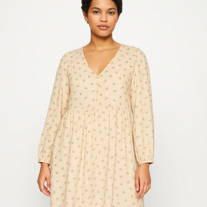 Monkl Dress Womens Large‎ Beige Babydoll Floral VNeck LongSleeve Boho Chic